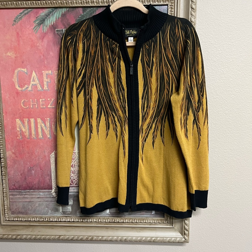 Bob Mackie Mustard-Yellow and Black with Classic Feather Motif. Sm Zip Cardigan